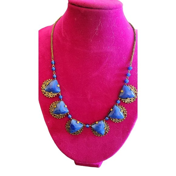 Antique Signed Czechoslovakia Lapis Glass & Brass Necklace (A2740) - Picture 1 of 5